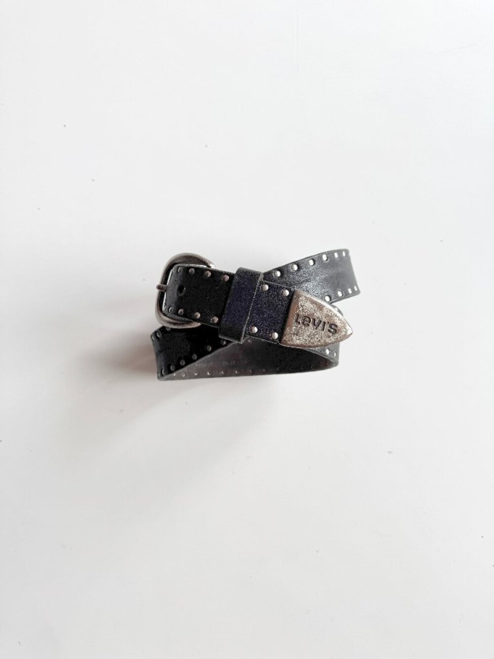Vintage LEVI'S Black Leather Studded Brushed Silver Hip Belt, Size S